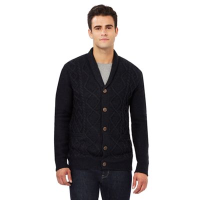 Navy cable knit shawl cardigan with wool